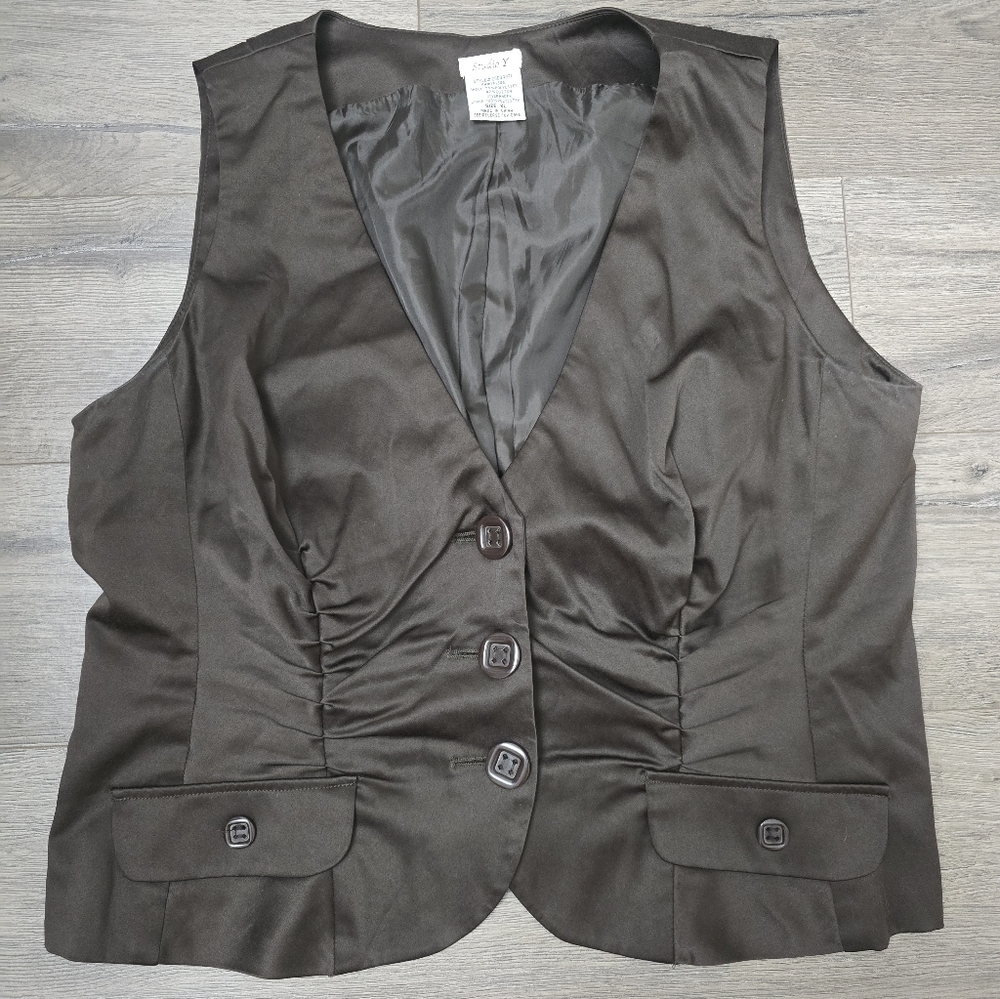 Y2K Ruched Satin Button Front Vest Deep Chocolate Brown Womens Size XL